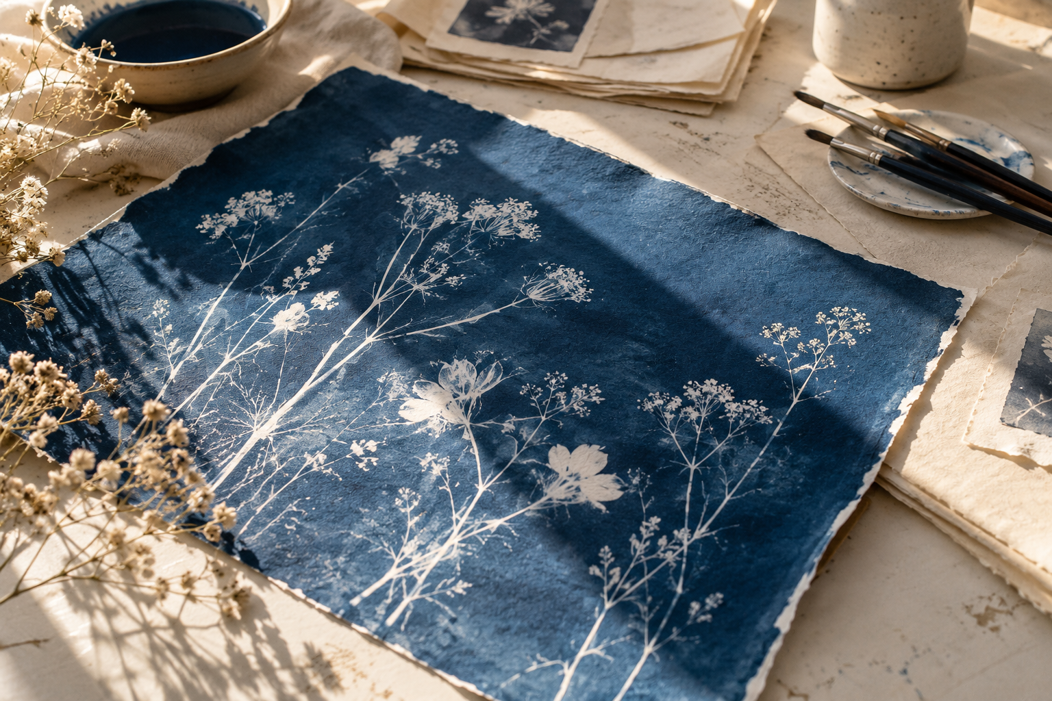 Sfeerbeeld van diepblauwe botanische cyanotypedrukken, papier en penselen in zonlicht