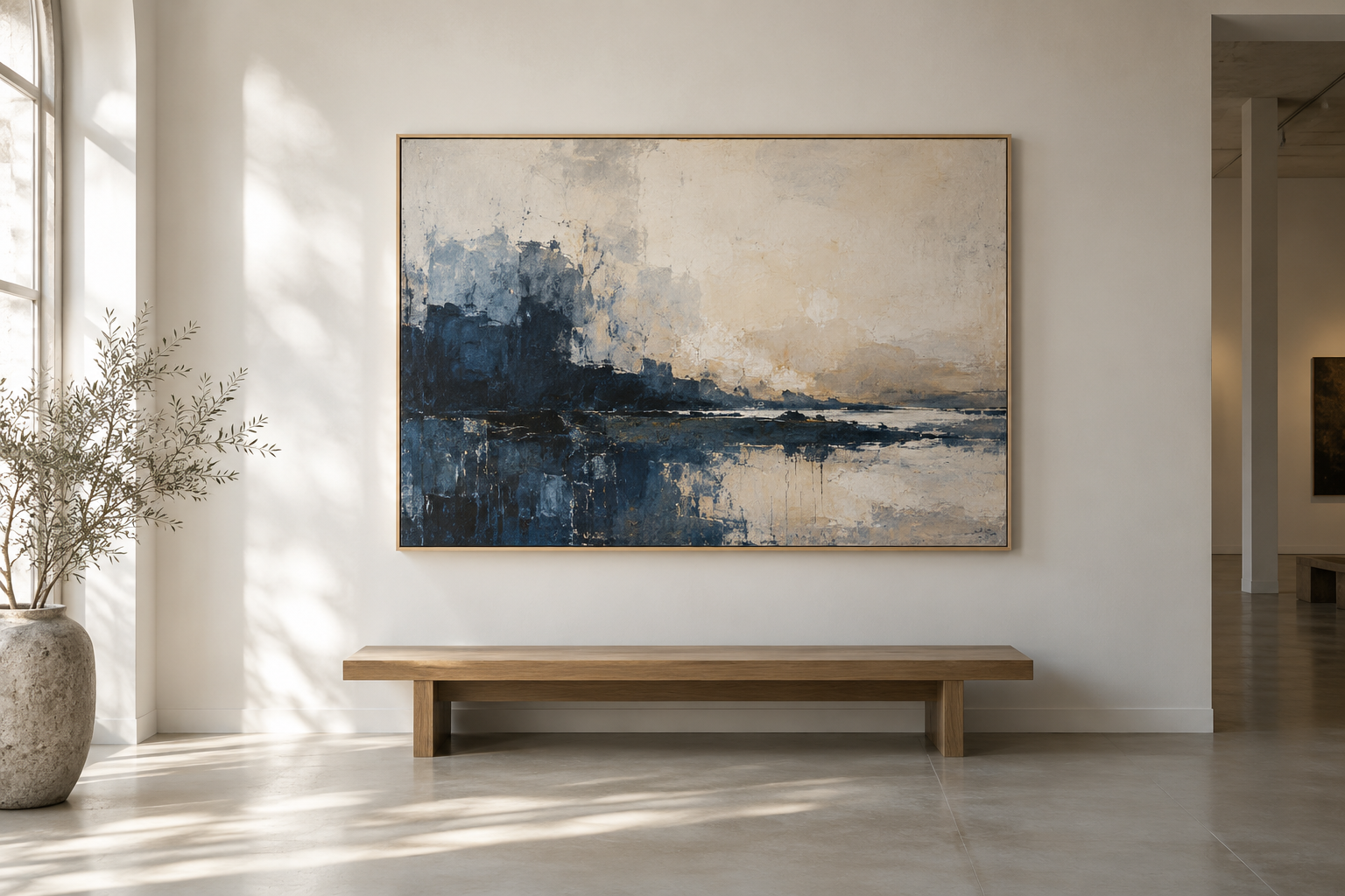 Sfeerbeeld van een ingelijst kunstwerk in een rustig interieur