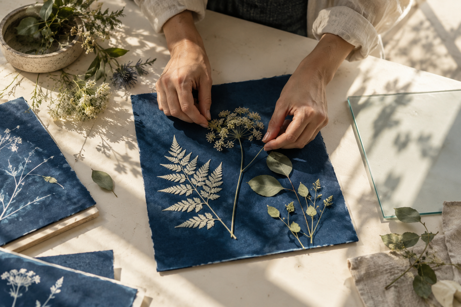 Sfeerbeeld van handen die botanisch materiaal op papier leggen voor een cyanotype